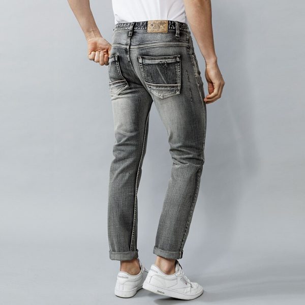 Newly Fashion Vintage Men Jeans High Quality Retro Gray Distressed Ripped Jeans Men Straight Slim Selvedge 1