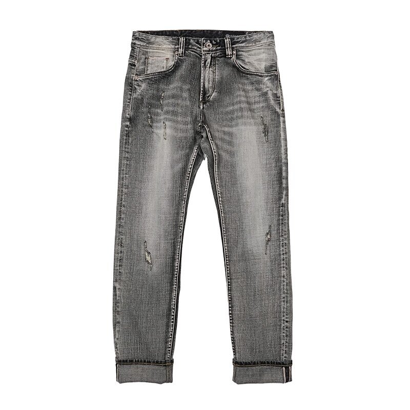 Retro Gray Selvedge Denim Mens Jeans Distressed Ripped - eWingFlyStore