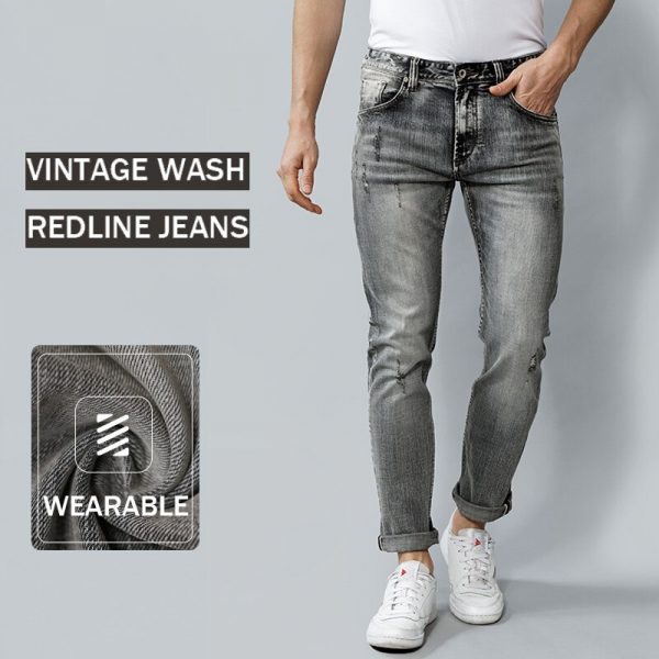 Newly Fashion Vintage Men Jeans High Quality Retro Gray Distressed Ripped Jeans Men Straight Slim Selvedge 5