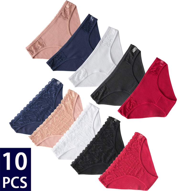10Pcs/set Cotton Panties Women Sexy Floral Lace Panty Underwear Lingerie  Solid Color Female Underpants Intimates Lady - eWingFlyStore