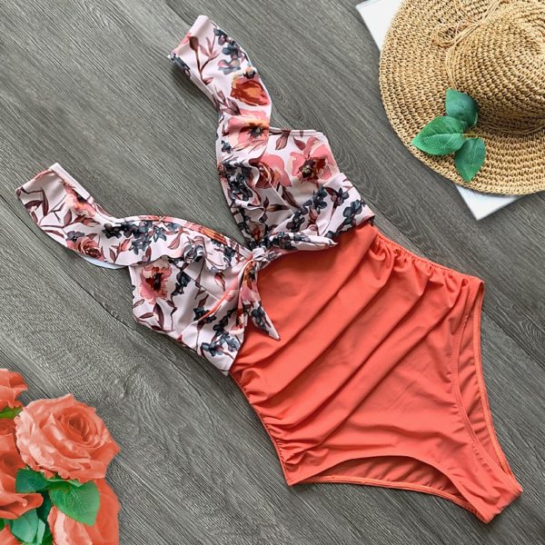 Sexy  Ruffle One Piece Swimsuit Off The Shoulder Swimwear Women Swimsuit Deep-V Bathing Suits Beach Wear Swim Suit - Image 2