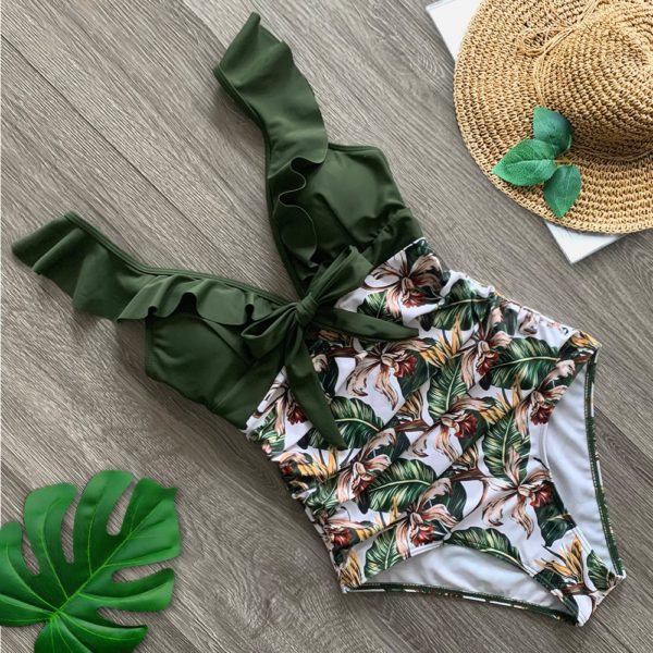 Sexy  Ruffle One Piece Swimsuit Off The Shoulder Swimwear Women Swimsuit Deep-V Bathing Suits Beach Wear Swim Suit - Image 3