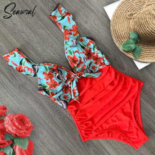 Sexy  Ruffle One Piece Swimsuit Off The Shoulder Swimwear Women Swimsuit Deep-V Bathing Suits Beach Wear Swim Suit