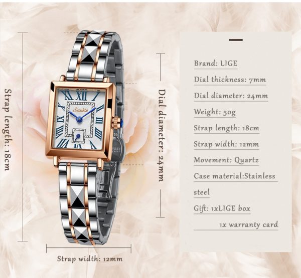 2021 LIGE Brand SUNKTA Women Watches Fashion Square Ladies Quartz Watch Bracelet Set Dial Simple Rose 2