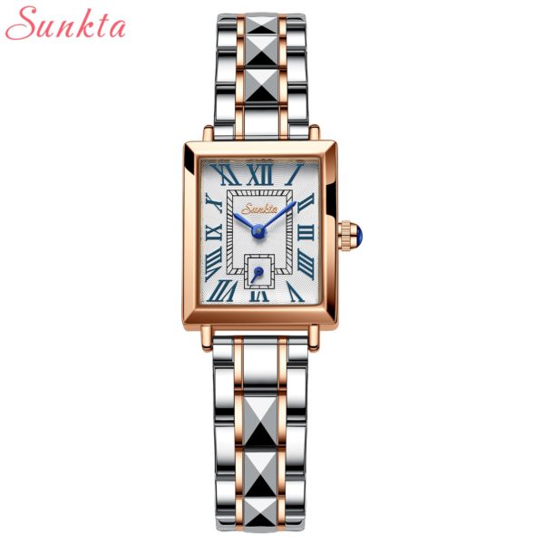 2021 LIGE Brand SUNKTA Women Watches Fashion Square Ladies Quartz Watch Bracelet Set Dial Simple Rose 5