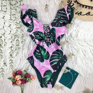 Print Swimwear Deep V-neck Ruffle Swimsuit Push Up One Piece Swimsuit Beach Wear Backless Monokini