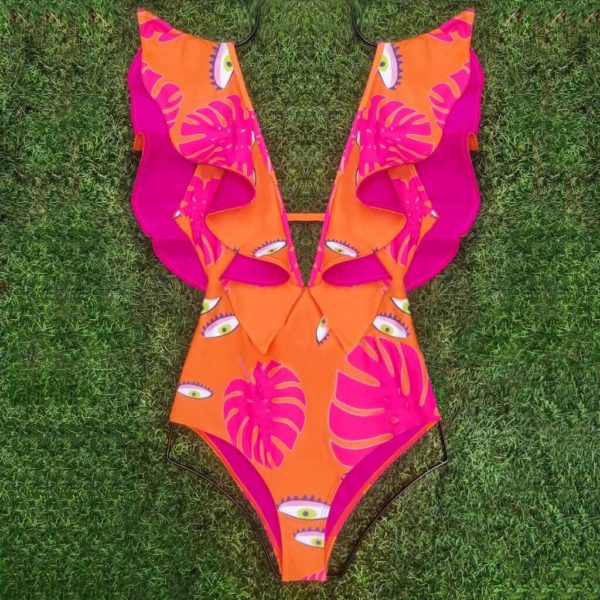 2021 New Print Swimwear Deep V neck Ruffle Swimsuit Push Up One Piece Swimsuit Beach Wear 3