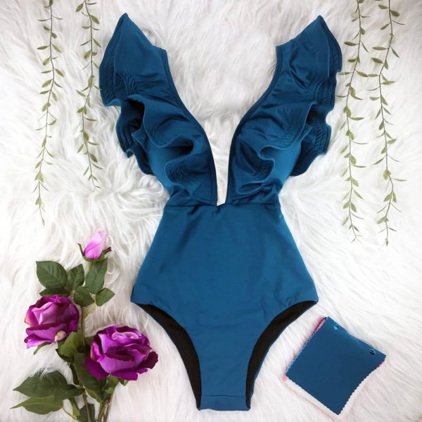 2021 New Print Swimwear Deep V neck Ruffle Swimsuit Push Up One Piece Swimsuit Beach Wear 4