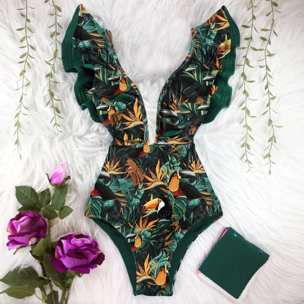 Sexy Ruffle Print Floral One Piece Swimsuit Off The Shoulder Swimwear Women Solid Deep-V Beachwear Bathing Suit Monkini - Image 2
