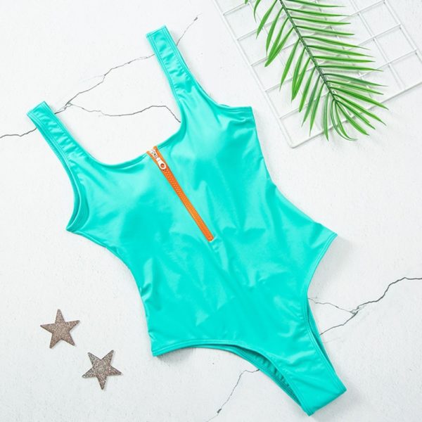 2021 New Sexy Zipper One Piece Swimsuit Women Solid Swimwear Bodysuit Swimsuit Push Up Monokini Bathing 4