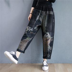 Winter Autumn Fashion Women Elastic Waist Vintage Patchwork Printing Harem Jeans Office Lady Baggy Casual Loose Denim Pant