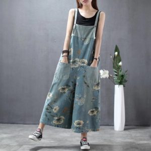 Spring Summer Vintage Floral Print Baggy Loose Casual Denim Pants Wide Leg Ankle Length Jeans Female Trendy Retro Overalls