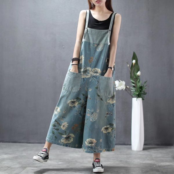 Spring Summer Vintage Floral Print Baggy Loose Casual Denim Pants Wide Leg Ankle Length Jeans Female Trendy Retro Overalls