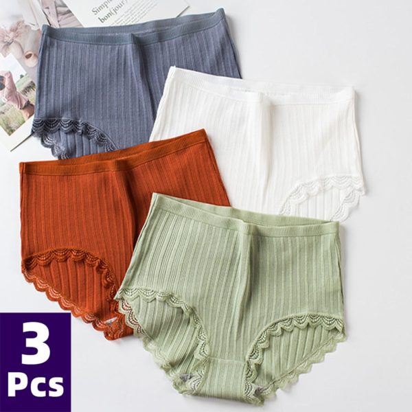 3PCS Hot Sale Cotton Panties Comfotable Seamless High Waist Women's Panties Solid Lace Briefs Underwear Sexy Plus Size Underpant