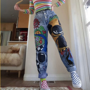 Women’s Cartoon Printed Jeans Atumn Winter Girls Harem Pant Trousers Single Breasted Pants Denim Female Hight Waist Denim Jean