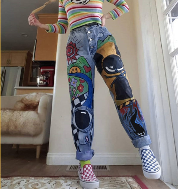Women’s Cartoon Printed Jeans Atumn Winter Girls Harem Pant Trousers Single Breasted Pants Denim Female Hight Waist Denim Jean
