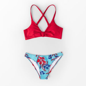 Red and Floral Print Low-Waisted Bikini Sets Swimsuit Women Sexy Bow-knot Two Pieces Swimwear Beach Bathing Suits
