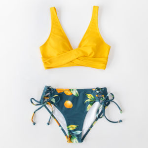 CUPSHE Yellow And Lemon Print Mid-Waist Bikini Sets Swimsuit Women Sexy Lace Up Two Pieces Swimwear New Beach Bathing Suits