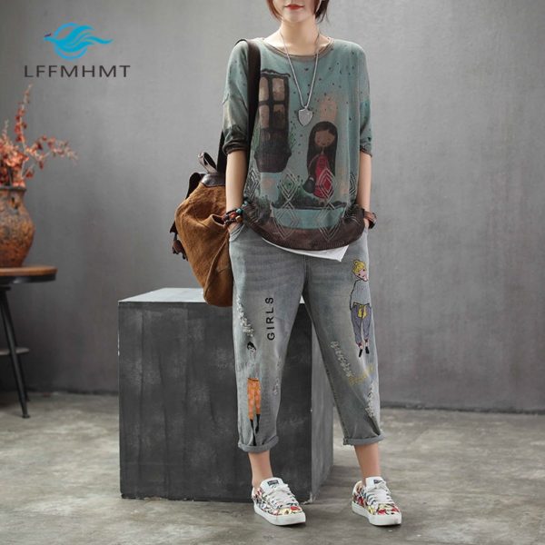 6859 New Fashion Korea Style Vintage Hole Girl Embroidery Ankle length Denim Jeans Female Casual Loose 1