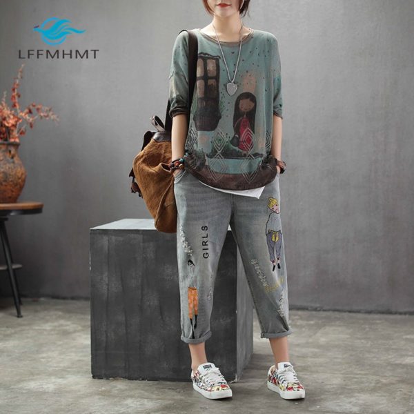 Korea Style Vintage Hole Girl Embroidery Ankle-length Denim Jeans Female Casual Loose Harem Pant Trousers Cloth 6859 - Image 2