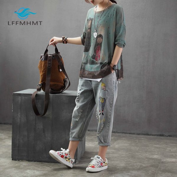 Korea Style Vintage Hole Girl Embroidery Ankle-length Denim Jeans Female Casual Loose Harem Pant Trousers Cloth 6859 - Image 3