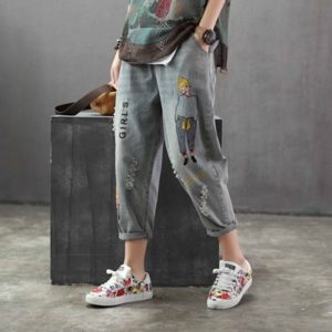 Korea Style Vintage Hole Girl Embroidery Ankle-length Denim Jeans Female Casual Loose Harem Pant Trousers Cloth 6859