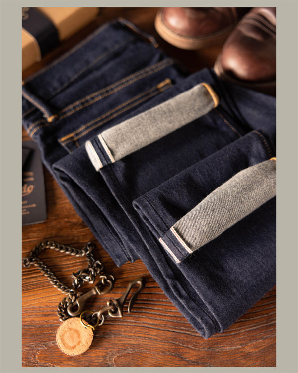 12oz Washing Selvedge Jeans Mens Slim Fit Dark Blue Onewash - Image 3