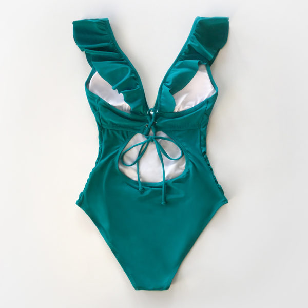 Solid Black Ruffled One-piece Swimsuit Women Sexy Lace Up Monokini Swimwear Girl Beach Bathing Suits - Image 3