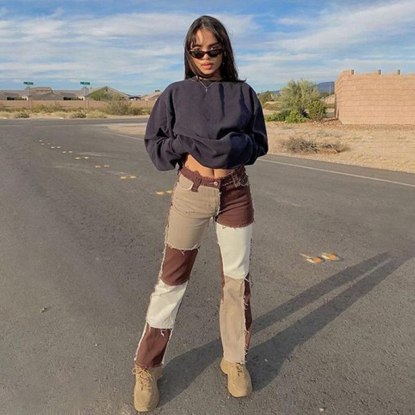 Autumn Brown Women Cowboy Striped Patchwork Jeans Street Casual Hip Hop High Waist Loose Straight Jeans Women's Fashion Pants - Image 2