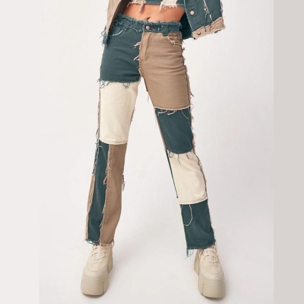 Autumn Brown Women Cowboy Striped Patchwork Jeans Street Casual Hip Hop High Waist Loose Straight Jeans Women's Fashion Pants - Image 4