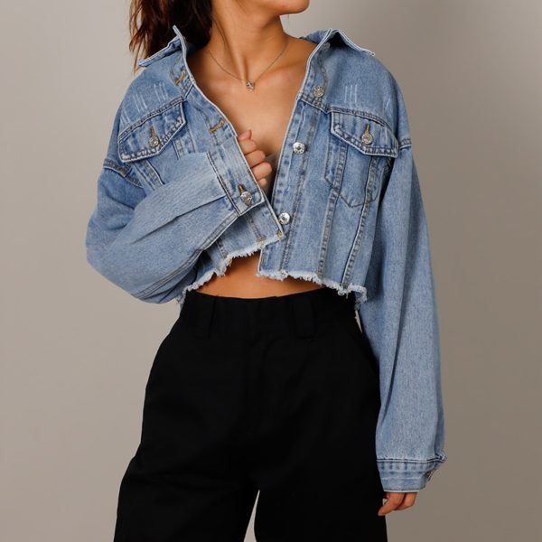 Autumn Women's Denim Cropped Jacket Female Pockets Hole Short Jean Jackets Ladies New Fashion Button Casual Solid Coats
