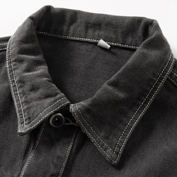 BLACK Distressed Men Selvedge Denim Motorcycle Jacket American Casual Wear - Image 3