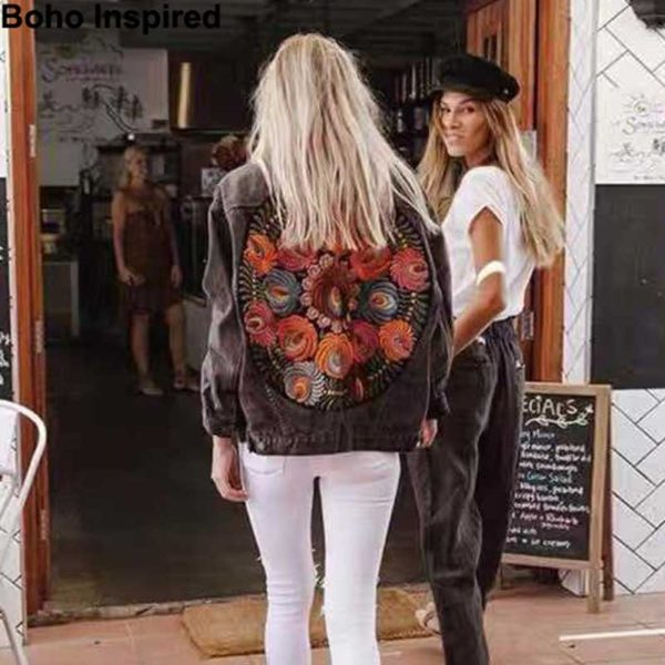 Oversized Multi Floral Embroidered Denim Jacket long Sleeve Casual Chic Jacket Coat Women Winter Coat - Image 2