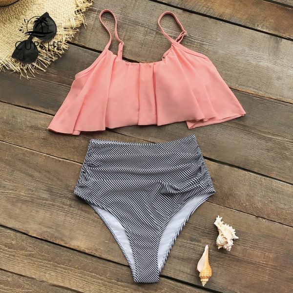 CUPSHE Pink and Stripe High Waisted Bikini Sets Sexy Tank Top Swimsuit Two Pieces Swimwear Women 3