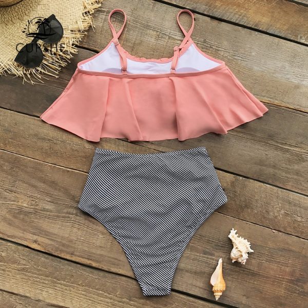 CUPSHE Pink and Stripe High Waisted Bikini Sets Sexy Tank Top Swimsuit Two Pieces Swimwear Women 4
