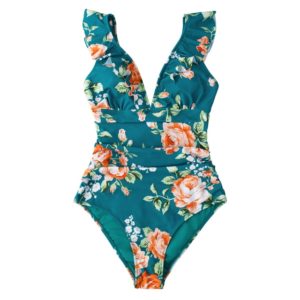 Solid Black Ruffled One-piece Swimsuit Women Sexy Lace Up Monokini Swimwear Girl Beach Bathing Suits