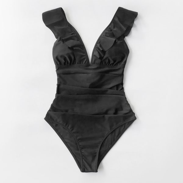 Solid Black Ruffled One-piece Swimsuit Women Sexy Lace Up Monokini Swimwear Girl Beach Bathing Suits - Image 4