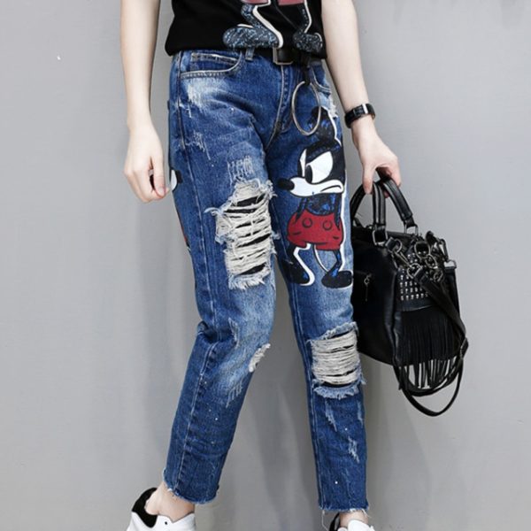 Cartoon Print Jeans Woman back destroyed Ripped Jeans for women Slim Distressed Jeans Women Casual Harem 1