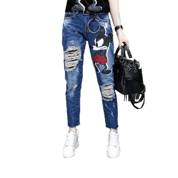 Cartoon Print Jeans Woman back destroyed Ripped Jeans for women Slim Distressed Jeans Women Casual Harem