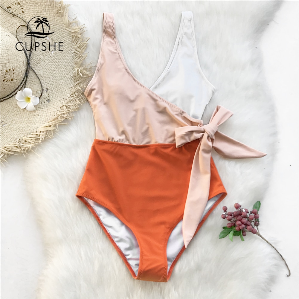 Orange And White Colorblock One-piece Swimsuit Women Patchwork Belt Bow Monokini V-neck Beach Bathing Suit Swimwear 3 Orange And White Colorblock One-piece Swimsuit Women Patchwork Belt Bow Monokini V-neck Beach Bathing Suit Swimwear - Image 3