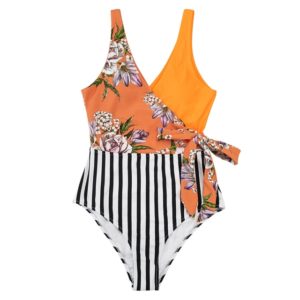 Orange And White Colorblock One-piece Swimsuit Women Patchwork Belt Bow Monokini V-neck Beach Bathing Suit Swimwear
