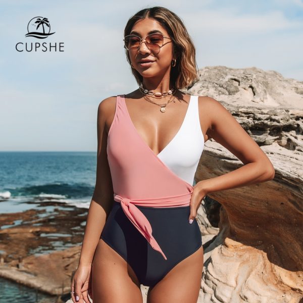 Cupshe Orange And White Colorblock One piece Swimsuit Women Patchwork Belt Bow Monokini 2021 V neck 3