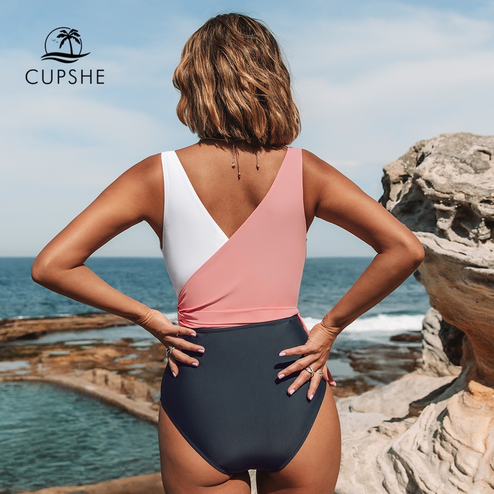 Orange And White Colorblock One-piece Swimsuit Women Patchwork Belt Bow Monokini V-neck Beach Bathing Suit Swimwear 5 Orange And White Colorblock One-piece Swimsuit Women Patchwork Belt Bow Monokini V-neck Beach Bathing Suit Swimwear - Image 5