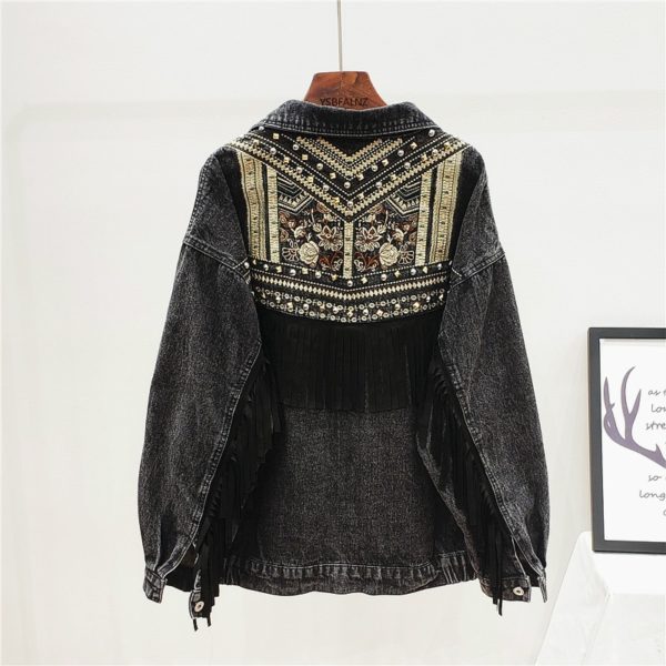 Denim Jacket Korean Floral Embroidery Suede Fringe Loose Chaquetas Mujer Coat Long Sleeve Outerwear Jacket Women