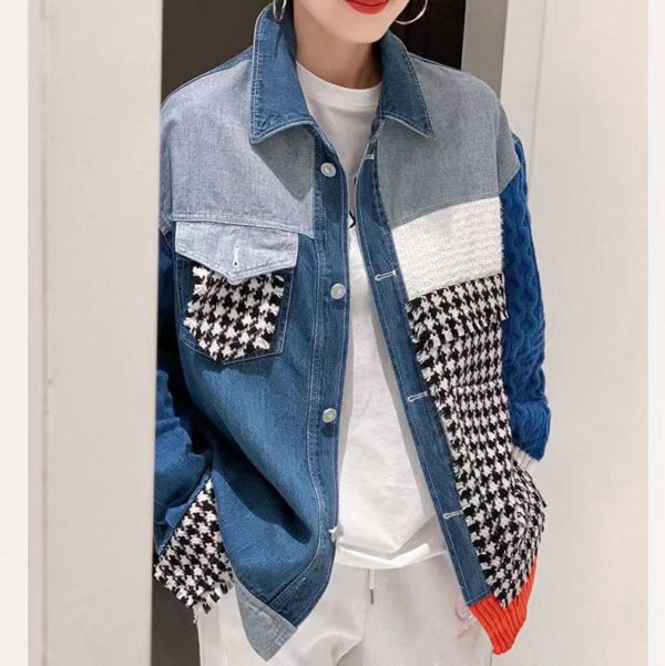 Autumn Spring Long Sleeve Women Coats Denim Plaid Trendy Loose Queen Clothing Fringe Panel Knit Coat Navy Blue Jacket - Image 3