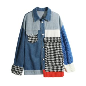 Autumn Spring Long Sleeve Women Coats Denim Plaid Trendy Loose Queen Clothing Fringe Panel Knit Coat Navy Blue Jacket