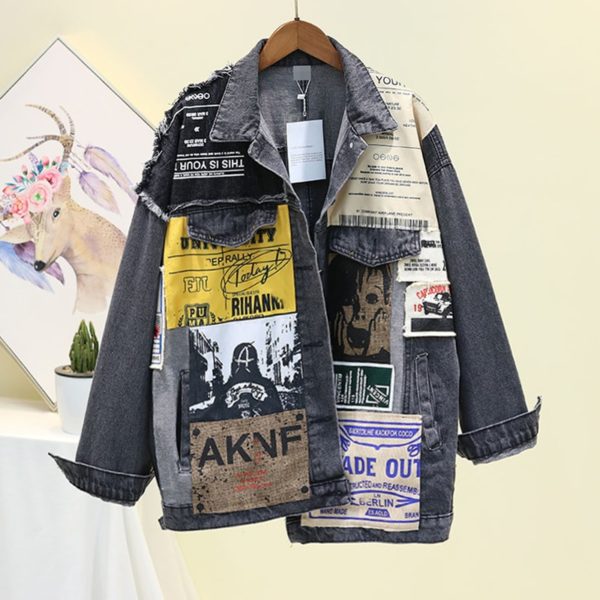 EWQ Vintage Full Sleeve Appliques Newspaper Pattern Large Size Black Denim Jacket Leisure Trend Coat