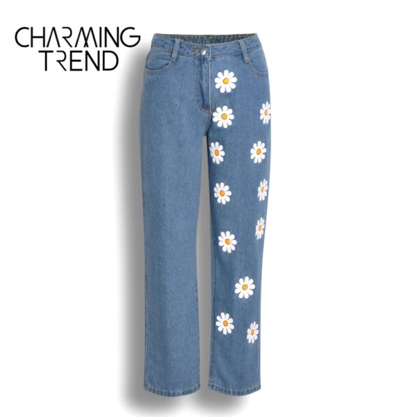 Chic Woman jeans high waisted Straight cute female denim long pants trousers vintage daisies printed women jeans - Image 2