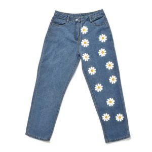 Chic Woman jeans high waisted Straight cute female denim long pants trousers vintage daisies printed women jeans