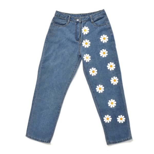 Chic Woman jeans high waisted Straight cute female denim long pants trousers vintage daisies printed women jeans